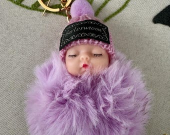 Harlermoon Vintage Fuzzy Fluffy Pom Baby Lavender Key Ring Keychain