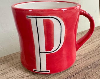 Anthropologie Monogram Initial Mug Letter “P” Red Hand Painted