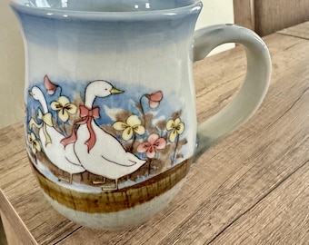 Vintage 1980's Otagiri Hand Painted Ribbon Geese Goose Stone Wear Coffee Cup Tea