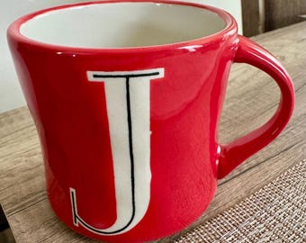Anthropologie Monogram Initial Mug Letter “J” Red Hand Painted