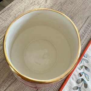 May include: A round ceramic planter with a gold rim. The interior is a light cream colour, and the exterior is a soft pink. The planter sits on a wooden surface, with decorative fabric in the background.