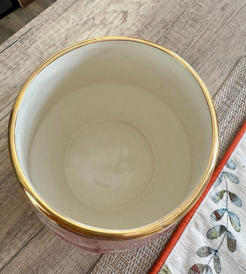 May include: A round ceramic planter with a gold rim. The interior is a light cream colour, and the exterior is a soft pink. The planter sits on a wooden surface, with decorative fabric in the background.