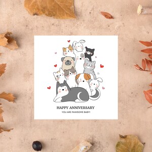 Adorable tarjeta de aniversario para amantes de las mascotas: totalmente personalizable y editable en Canva. ¡Perfecta para celebrar tu maravilloso amor!