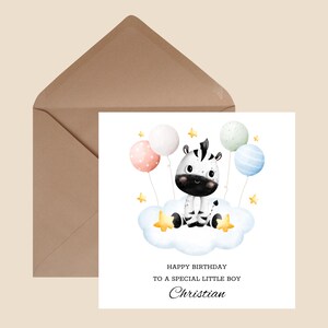 Personalisierte Zebra-Geburtstagskarte für Kinder | Süße Geburtstagskarte mit Tieren | Digitale Geburtstagskarte mit Luftballons und Sternen