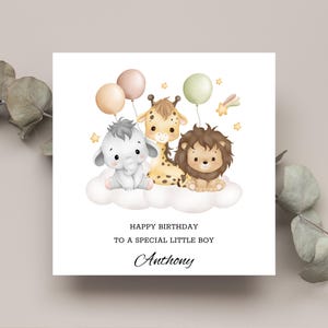 Safari-Tier-Geburtstagskarte für Kinder personalisiert | Niedliches Elefant-, Giraffen- und Löwedesign | Digitaler Download | Benutzerdefinierte Name Geburtstagskarte