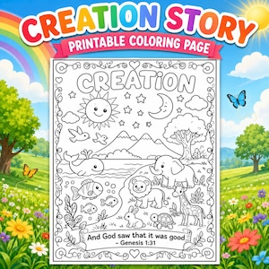 Puede incluir: Una página para colorear imprimible en blanco y negro titulada Creation que muestra un sol, una luna, estrellas, montañas, un árbol y varios animales, incluyendo una ballena, un pez, un elefante, un león, una jirafa, un conejo y una tortuga.