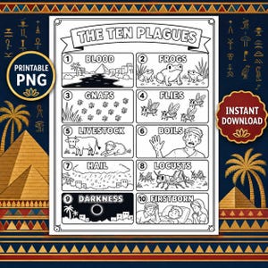 May include: A black and white printable colouring page titled THE TEN PLAGUES, featuring ten numbered rectangular sections illustrating biblical events including blood, frogs, gnats, flies, livestock, boils, hail, locusts, darkness, and firstborn.