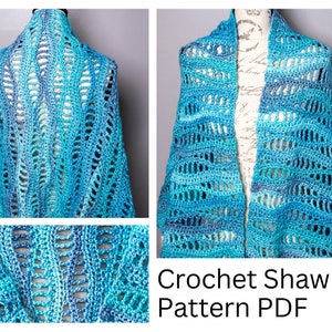 May include: A crochet shawl pattern PDF in blue and teal colors. The pattern is for a lacy shawl with a scalloped edge.
