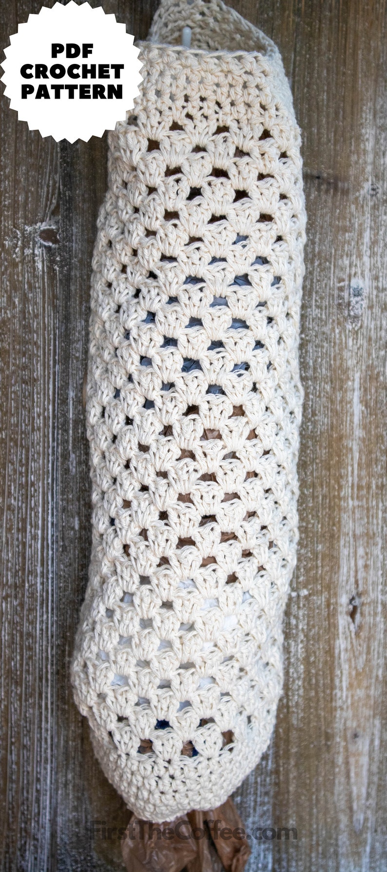 May include: A white crocheted bag for storing plastic grocery bags. The bag is hanging on a wooden wall. The bag is made with a simple crochet stitch and has a large opening at the top.