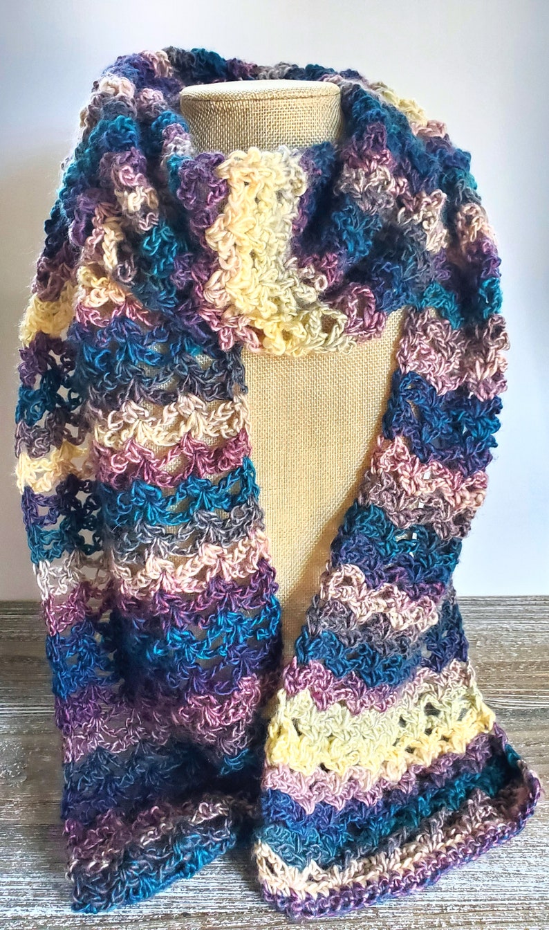 Athena Lacey Scarf crochet scarf pattern listing photo by FirstTheCoffeeCrafts