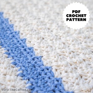 May include: Close-up of a crochet project with a white and blue color scheme. The project is made with a textured stitch and has a zig-zag pattern. The text "PDF CROCHET PATTERN" is visible in the upper right corner of the image.