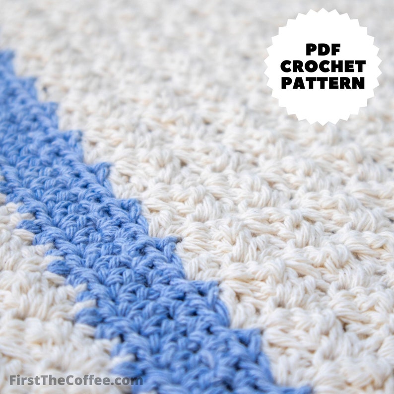 May include: Close-up of a crochet project with a white and blue color scheme. The project is made with a textured stitch and has a zig-zag pattern. The text "PDF CROCHET PATTERN" is visible in the upper right corner of the image.