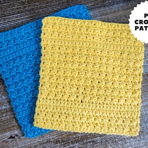 May include: Two crocheted dishcloths, one yellow and one blue, with a PDF crochet pattern label.