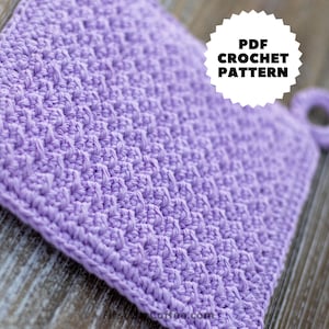 May include: A purple crochet pot holder with a loop handle. PDF Crochet Pattern.