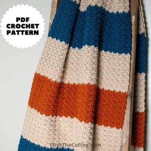 May include: A striped crochet blanket in shades of teal, orange, and beige is draped over a wooden ladder. The blanket features a textured stitch pattern and the text "PDF CROCHET PATTERN" in a white circle.