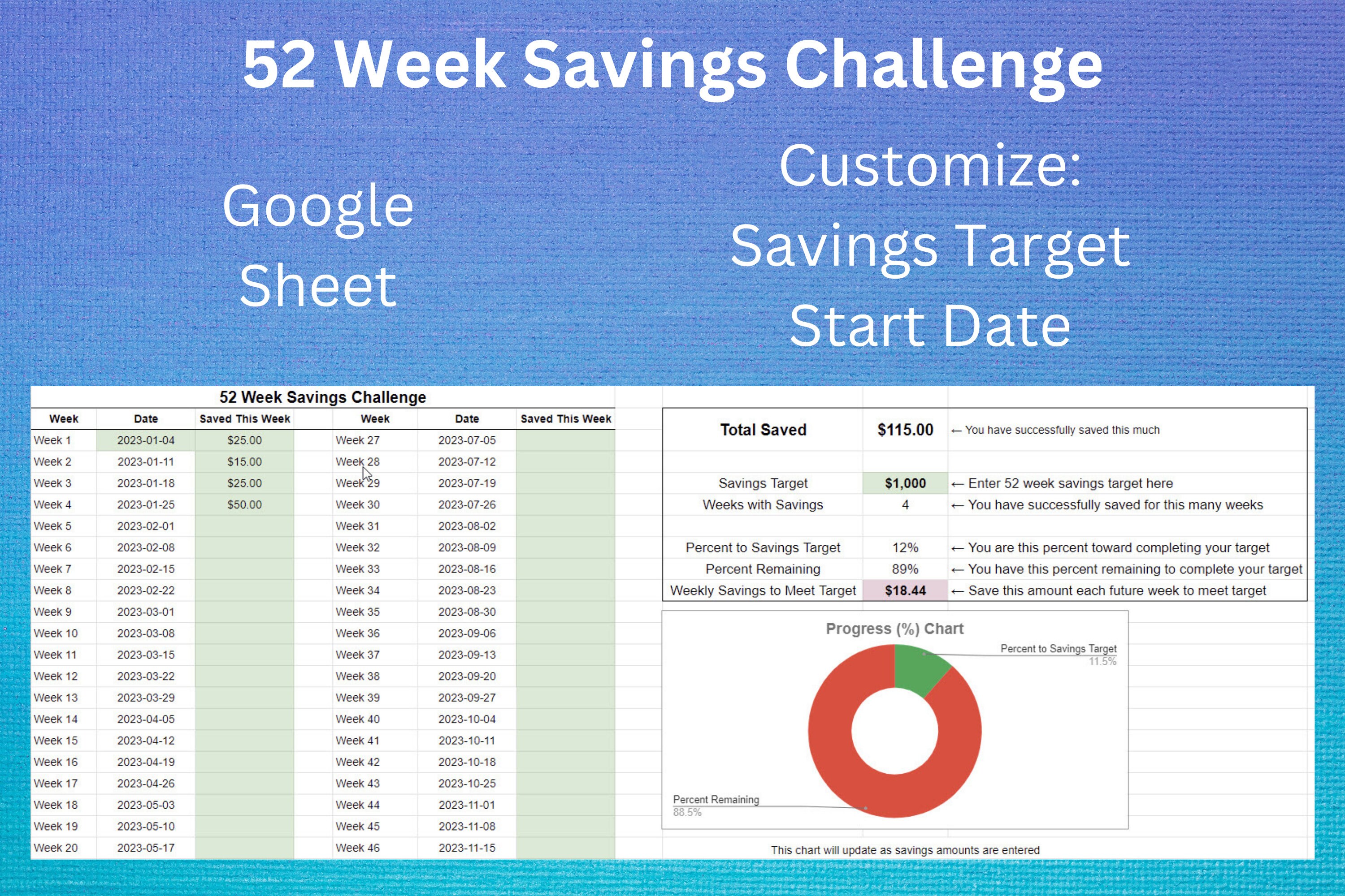 52 Week Savings Challenge Google Sheets Customizable Savings Tracker ...
