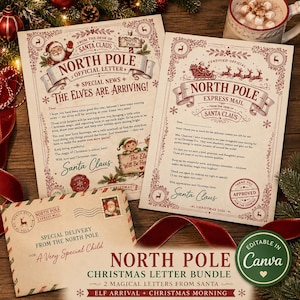 May include: Two cream-colored North Pole official letters from Santa Claus with red decorative borders, reindeer illustrations, and festive typography. One letter announces elf arrivals, the other thanks for cookies, accompanied by a matching envelope.