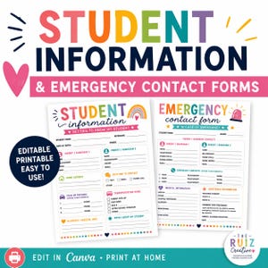 May include: Two printable forms titled Student Information and Emergency Contact Form. The documents feature colorful headers, icons, and blank lines for recording student details, parent contacts, medical information, and transportation preferences.