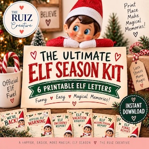 Może przedstawiać: Zestaw do druku na sezon elfów z tabliczką o treści The Ultimate Elf Season Kit 6 Printable Elf Letters. Zawiera sześć kart zatytułowanych We're Back, Official Elf Warning, Elf Incident Report, Elf Vacation Request, Elf Missing Person Report oraz Elf Final Report.