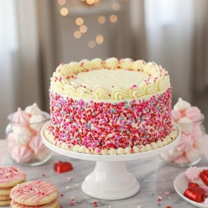 Op de afbeelding: Een ronde taart op een witte taartstandaard, bedekt met roze, rode en witte hagelslag. De taart is gegarneerd met witte glazuur en decoratieve krullen. Koekjes en snoepjes zijn ook aanwezig.