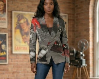 Artistic Blazer with Vintage Portrait and Graphic Jacket Print, Women's Unique Autumn Winter Formal Casual Suit