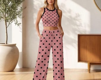 Unique Wide-Leg Pants and Polka Dot Cropped Racer Tank Top, Two Piece Matching Set, Casual Outfit for Women