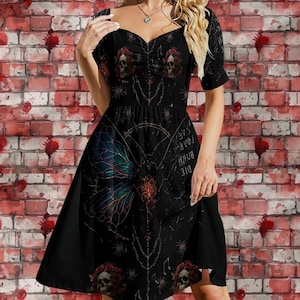 Spooky Goth Dress with Skull and Butterfly Design, Midi Length
