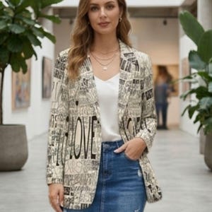 Puede incluir: Una blazer beige con estampado de texto en blanco y negro, con la palabra "LOVE" en un lugar destacado. La blazer se combina con una camiseta blanca y una falda vaquera. El conjunto se completa con collares superpuestos.