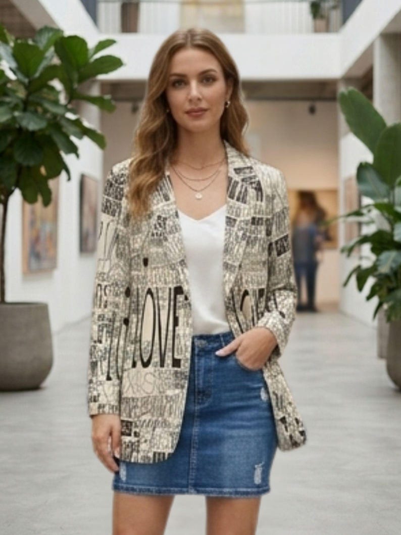 Puede incluir: Una blazer beige con estampado de texto en blanco y negro, con la palabra "LOVE" en un lugar destacado. La blazer se combina con una camiseta blanca y una falda vaquera. El conjunto se completa con collares superpuestos.