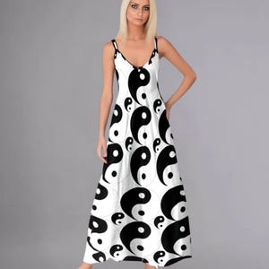 Boho Style Women&#39;s Yin and Yang Printed Maxi Dress - Summer Sling Ankle Long Dress, Stylish Printed Maxi Dress, Long Boho Dress