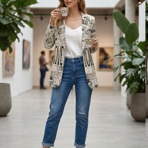 Puede incluir: Una mujer con una blazer crema con dise&ntilde;o de texto negro, top blanco y vaqueros azules. La blazer tiene la palabra "LOVE". Sostiene una taza y un platillo, y lleva tacones dorados. El escenario es una galer&iacute;a de arte.