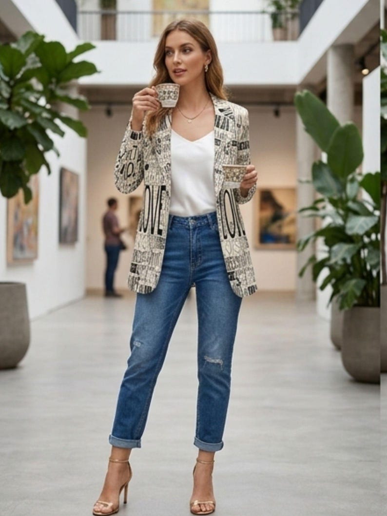 Puede incluir: Una mujer con una blazer crema con dise&ntilde;o de texto negro, top blanco y vaqueros azules. La blazer tiene la palabra "LOVE". Sostiene una taza y un platillo, y lleva tacones dorados. El escenario es una galer&iacute;a de arte.
