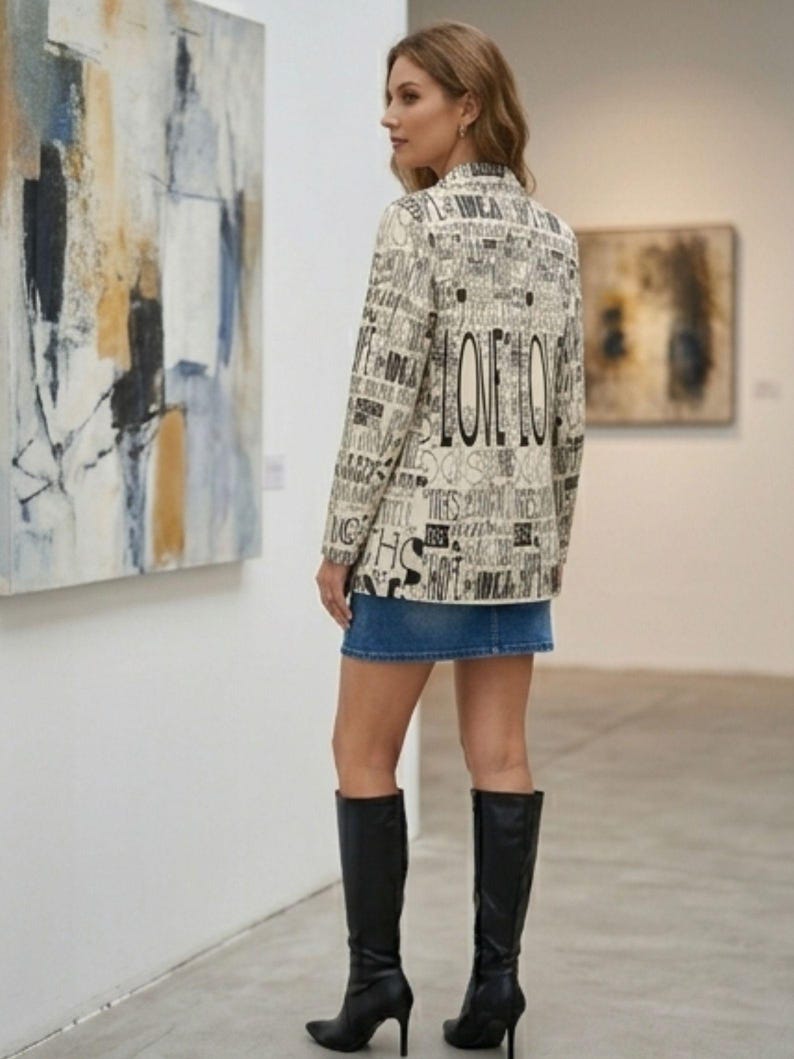 Puede incluir: Una blazer color crema con un dise&ntilde;o de texto negro y la palabra "LOVE" prominentemente en la espalda. El conjunto incluye una falda vaquera y botas negras hasta la rodilla con tacones altos. La imagen est&aacute; tomada en una galer&iacute;a de arte.