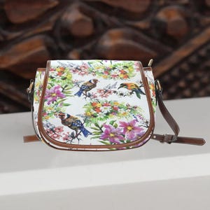 Vintage Floral Purse, Cottagecore Saddle Bag, Witchy Crossbody Bag with Vegan Leather Strap, Stylish Floral Print Saddle Purse
