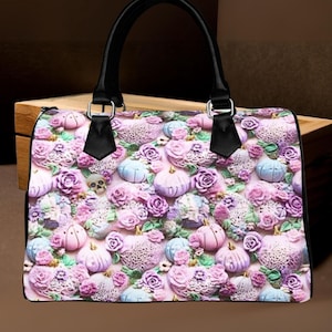 Halloween Style 3D Effect Colorful Pumpkins Floral Barrel Type Designer Bag, PU Leather & Canvas Handbag for Women
