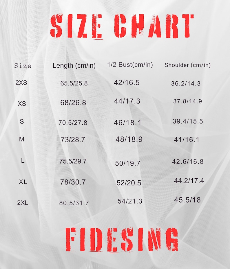 Puede incluir: Una tabla de tallas con medidas en cent&iacute;metros y pulgadas, incluyendo dimensiones de largo, busto y hombros. La tabla est&aacute; etiquetada como "SIZE CHART" en rojo, con la marca "FIDESING" en la parte inferior. Tallas de 2XS a 2XL.