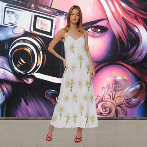 Long Boho Dress with Daisy Print - Strappy Summer Maxi Dress, Floral Maxi Dress, Bohemian Long Dress, Sleeveless Summer Dress