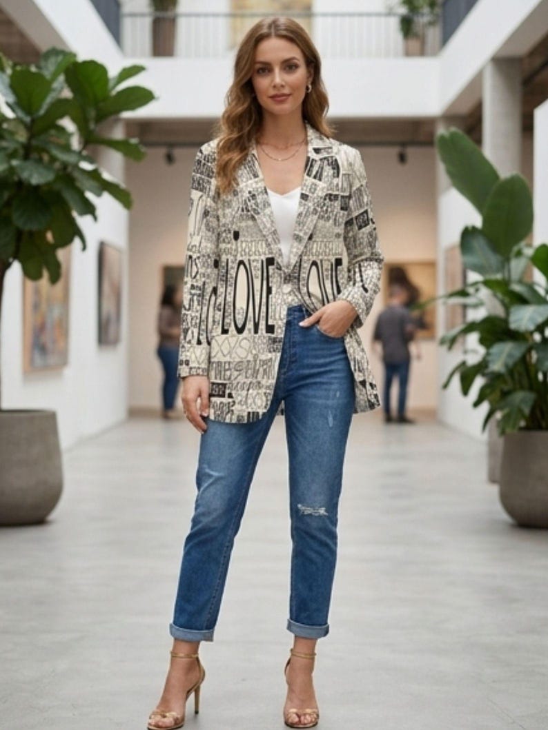 Puede incluir: Una mujer con una blazer crema con un dise&ntilde;o de texto negro, incluyendo la palabra "LOVE". Tambi&eacute;n lleva vaqueros azules y tacones dorados. La blazer tiene cuello y mangas largas. Los vaqueros tienen un aspecto desgastado.