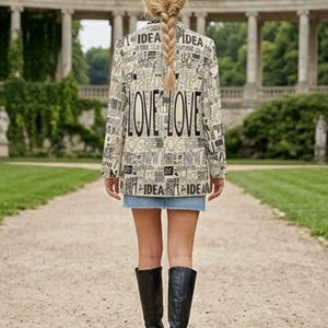 Puede incluir: Blazer color crema con texto negro "LOVE LOVE" en la espalda. La chaqueta se combina con una falda vaquera y botas negras hasta la rodilla. El fondo muestra un camino de piedra y un edificio cl&aacute;sico.