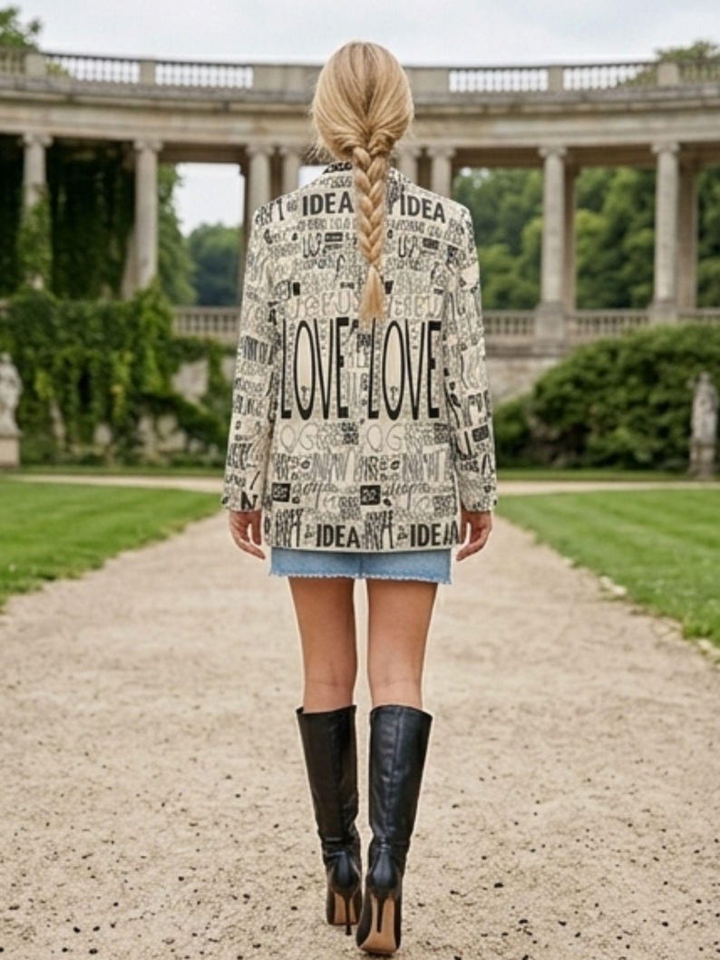 Puede incluir: Blazer color crema con texto negro "LOVE LOVE" en la espalda. La chaqueta se combina con una falda vaquera y botas negras hasta la rodilla. El fondo muestra un camino de piedra y un edificio cl&aacute;sico.