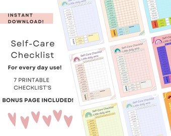 May include: Seven printable self-care checklists with a rainbow design and the text "Little daily wins". The checklists include items like "brush teeth", "drink water", "go for a walk", "meditate", "read a book", "take a bath", "clean", "laundry", "reflect", and "extra".