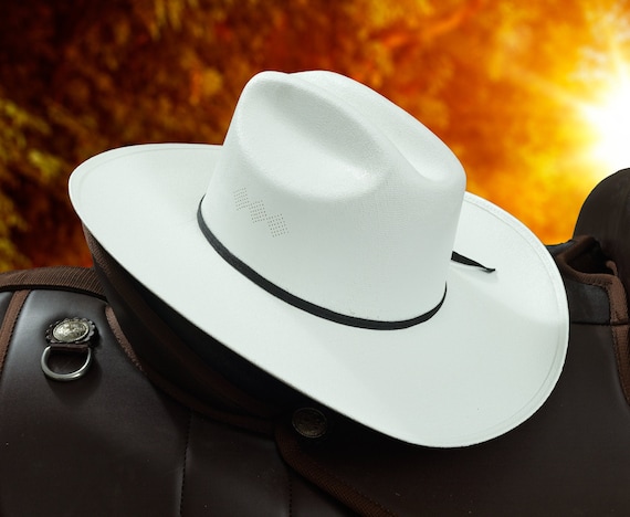 White Cowboy Hat with Black Band Triple Strand Band main image 4