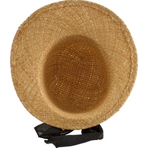 May include: A straw hat with a black ribbon tied around the crown. The hat is made of woven straw and has a wide brim.