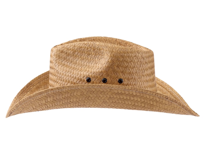 May include: A brown woven straw cowboy hat with a wide brim and a slightly pointed crown.