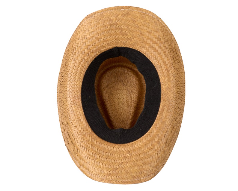 May include: A straw hat with a black band around the crown. The hat is made of woven straw and has a wide brim.