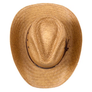 May include: A brown woven straw cowboy hat with a brown leather band.