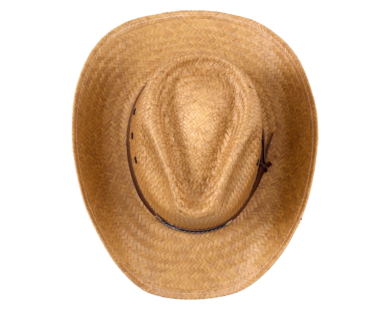 May include: A brown woven straw cowboy hat with a brown leather band.