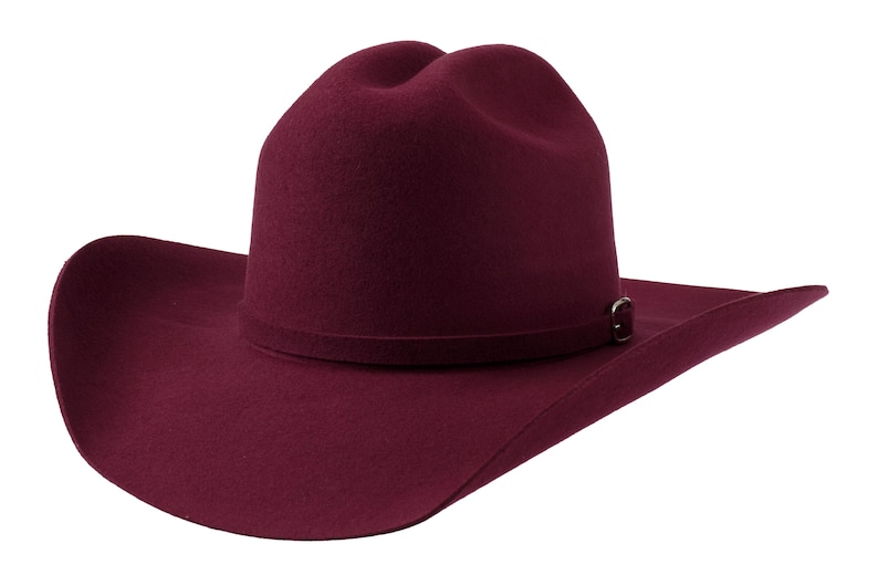 K&ouml;nnte beinhalten: Ein Cowboyhut aus burgunderfarbenem Filz mit breiter Krempe und einer einfachen silbernen Schnalle.