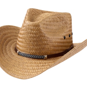 May include: A straw cowboy hat with a brown leather band and silver studs. The hat has a wide brim and a tall crown.