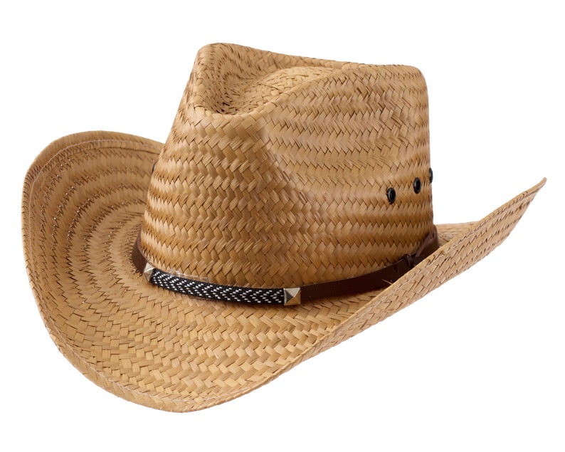 May include: A straw cowboy hat with a brown leather band and silver studs. The hat has a wide brim and a tall crown.